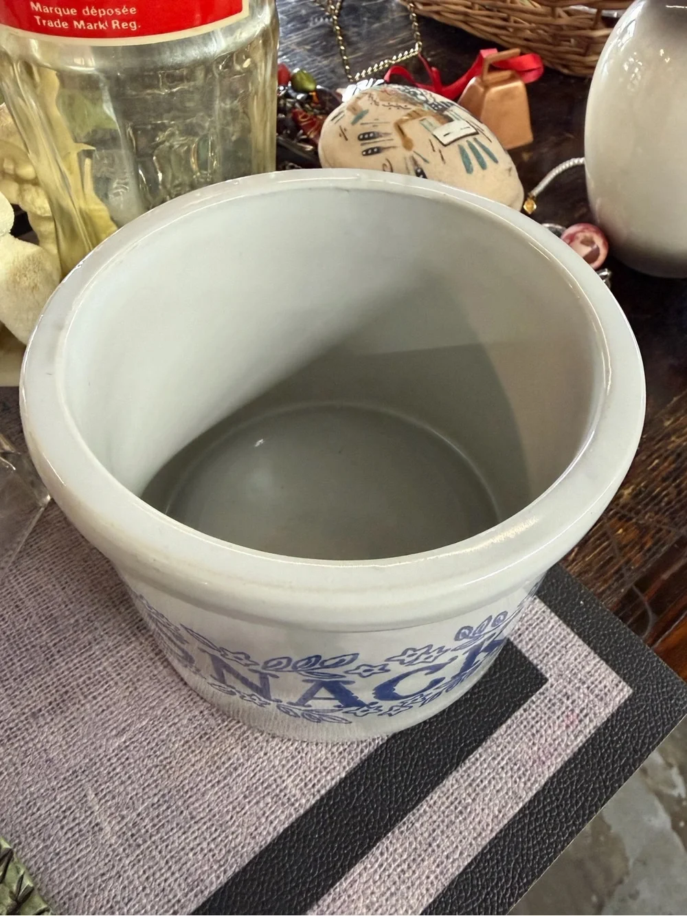 Vintage Ceramic Snack Crock - White with Blue Floral 'SNACKS'